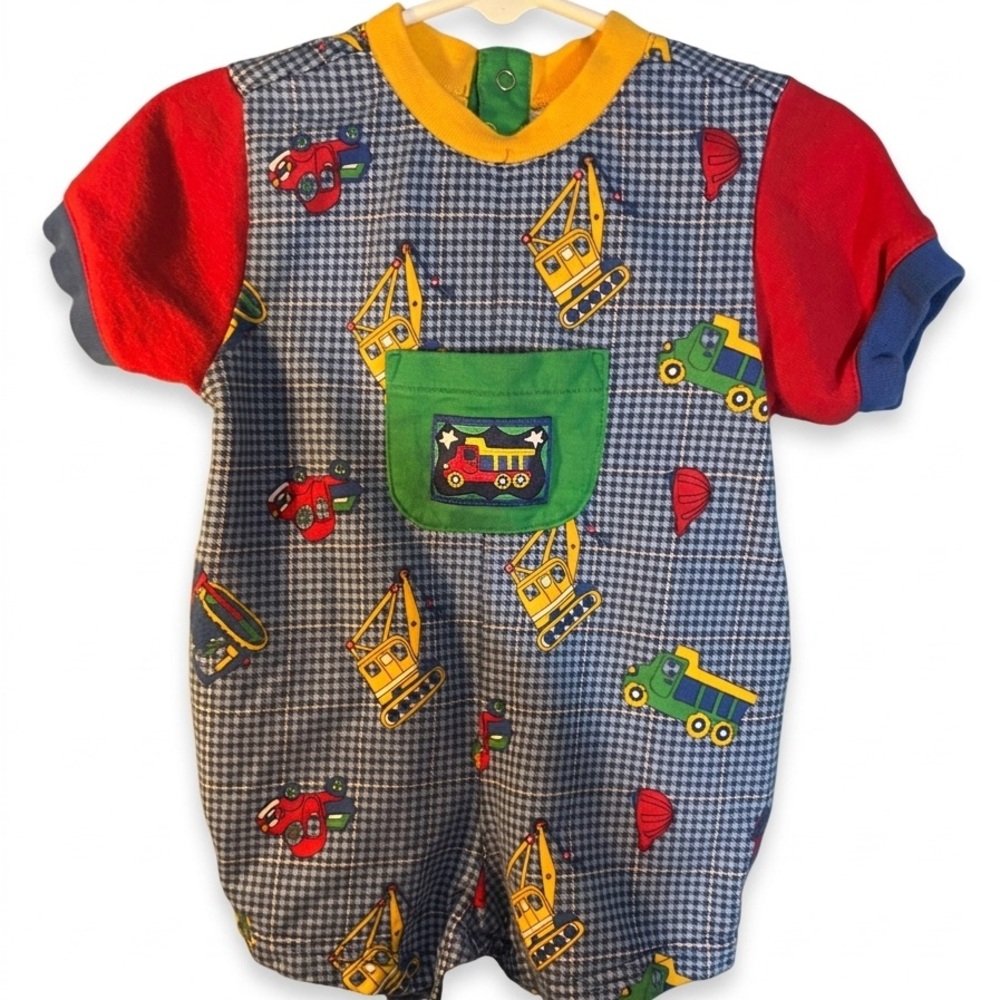 Gymboree Blue Checked Romper with Yellow Trim and Green Snap Placket